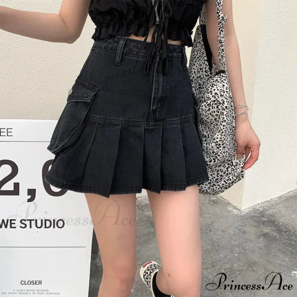 Vintage Pleated Black Y2K Gothic Patchwork A-line Skirt