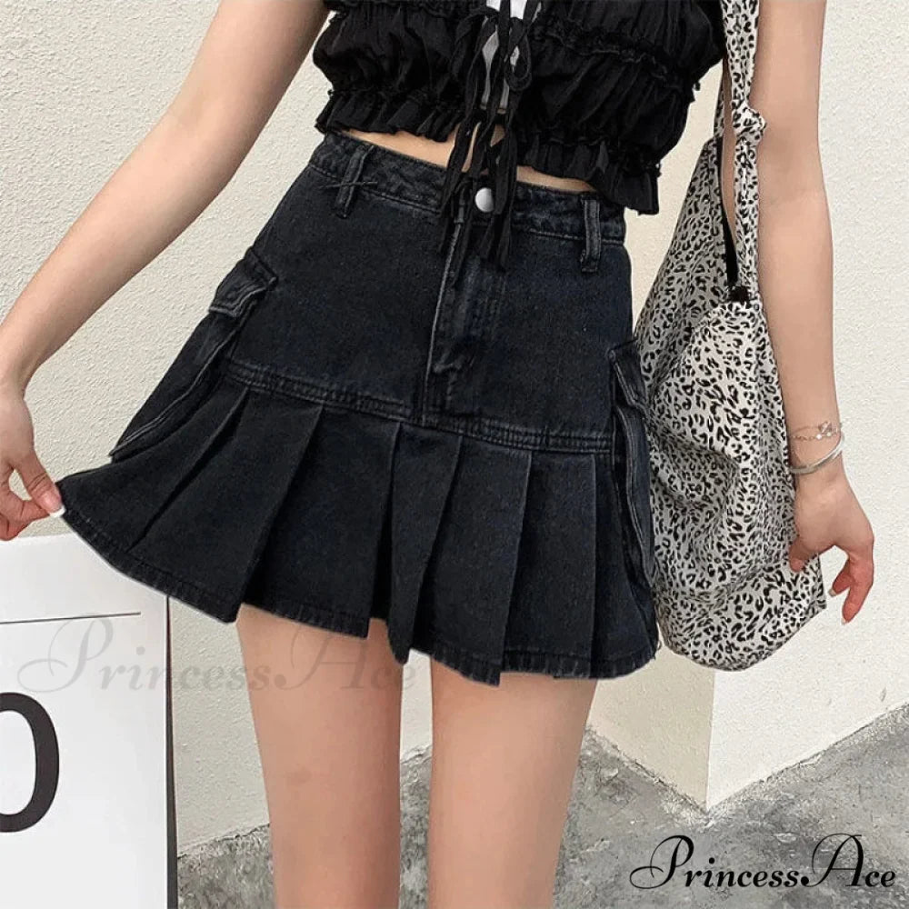 Vintage Pleated Black Y2K Gothic Patchwork A-line Skirt