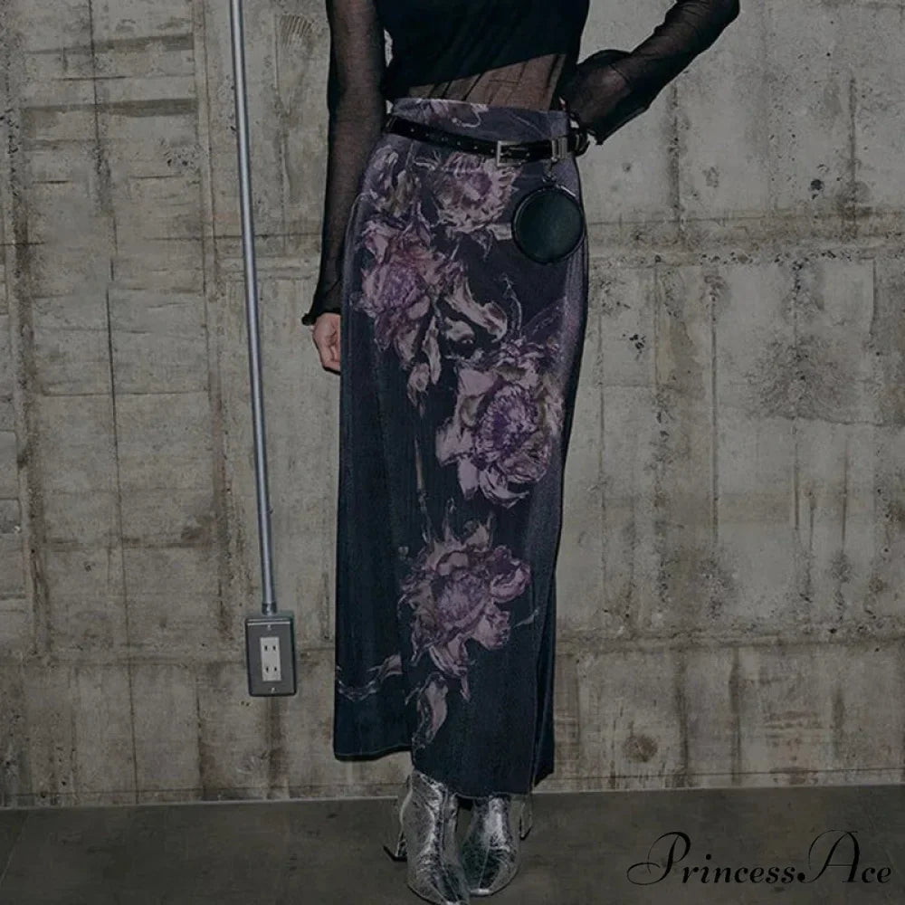 Vintage Purple Floral Print Slit Autumn Skirt