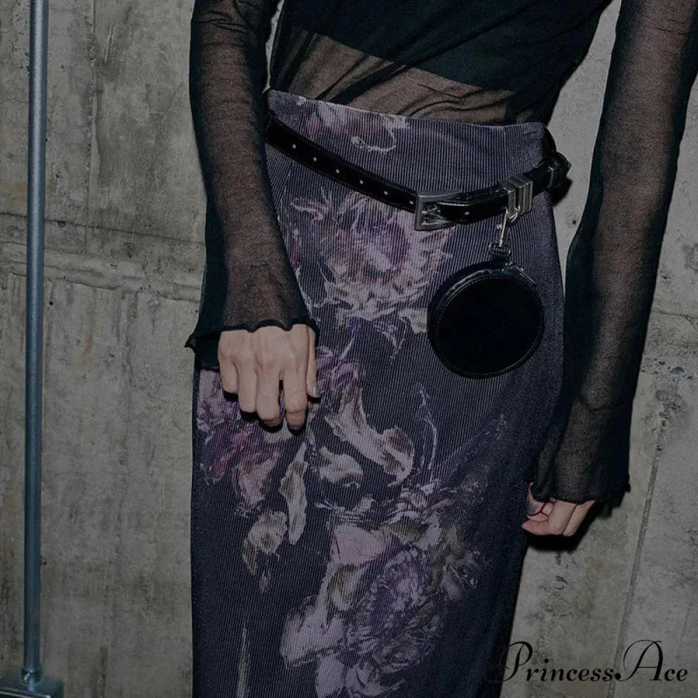 Vintage Purple Floral Print Slit Autumn Skirt