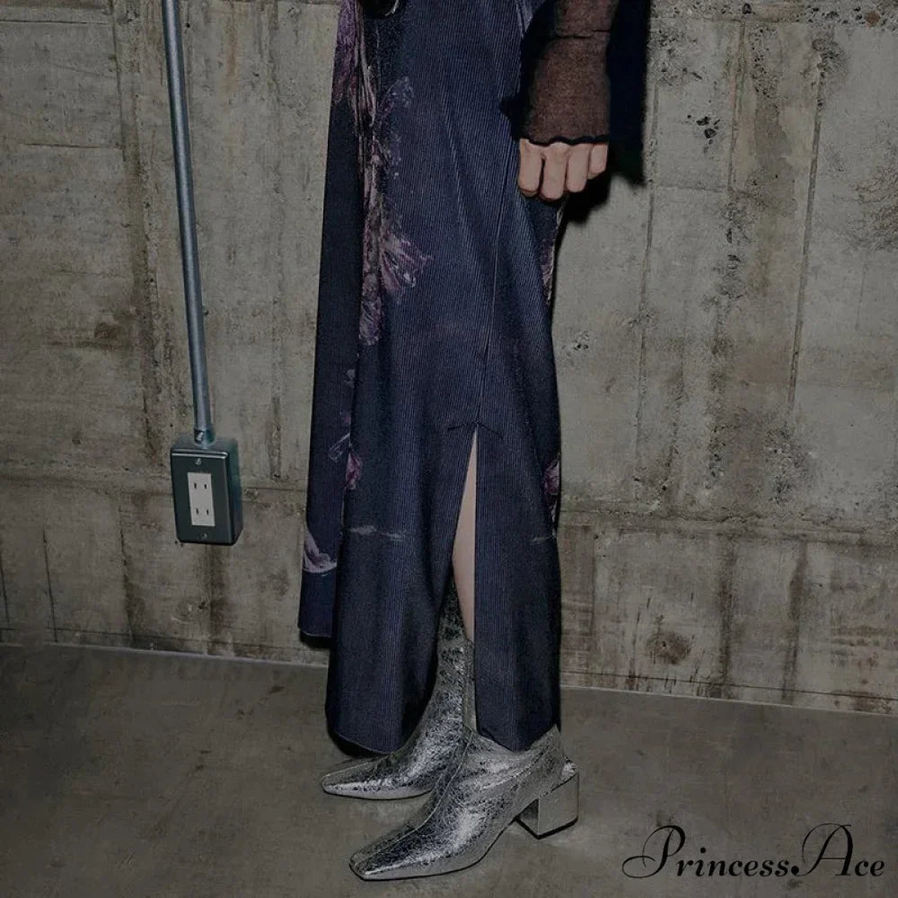 Vintage Purple Floral Print Slit Autumn Skirt