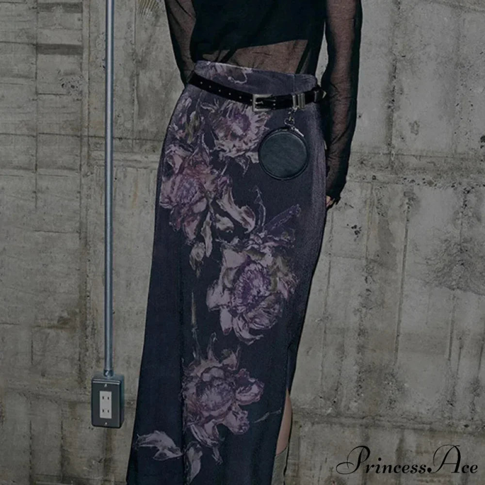 Vintage Purple Floral Print Slit Autumn Skirt