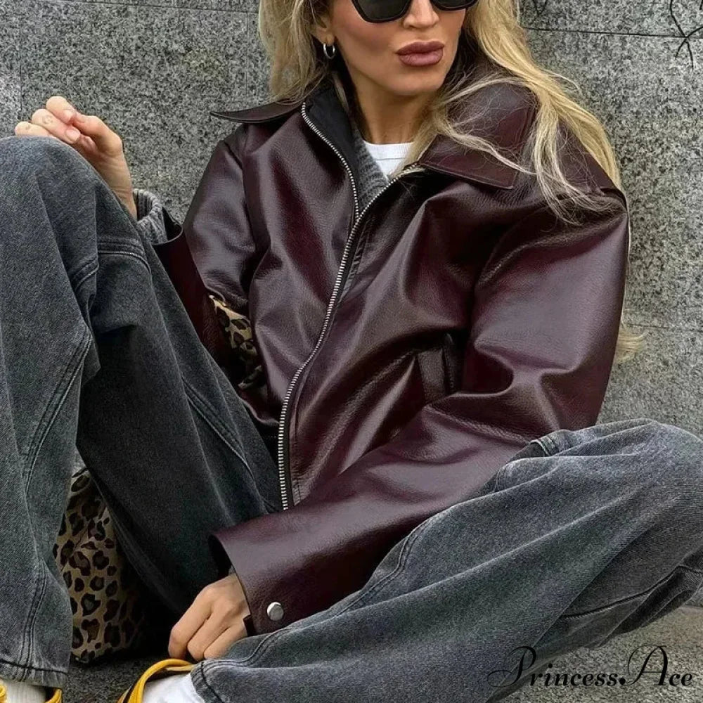 Vintage Red Leather Lapel Coat