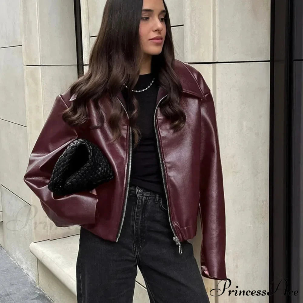 Vintage Red Leather Lapel Coat