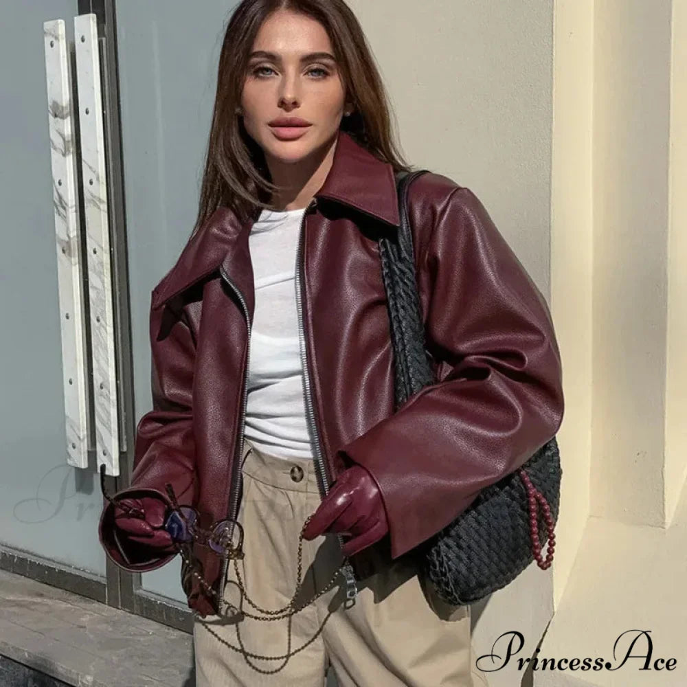 Vintage Red Leather Lapel Coat