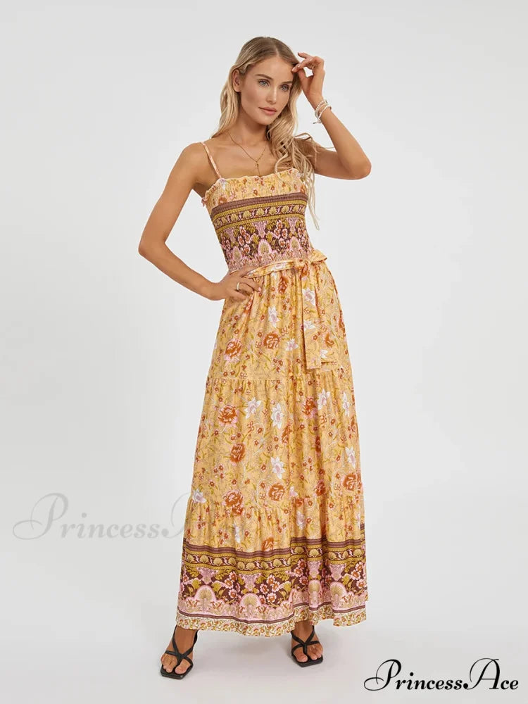 Vintage Retro Flower Swing Spaghetti Straps Cinched Long Flower Dress