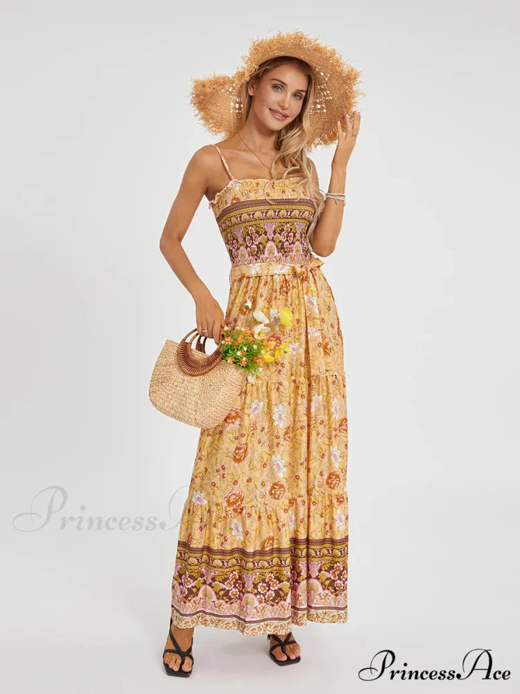 Vintage Retro Flower Swing Spaghetti Straps Cinched Long Flower Dress
