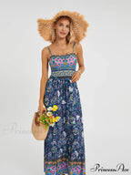 Vintage Retro Flower Swing Spaghetti Straps Cinched Long Flower Dress