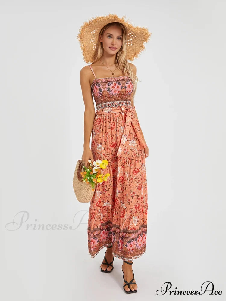 Vintage Retro Flower Swing Spaghetti Straps Cinched Long Flower Dress