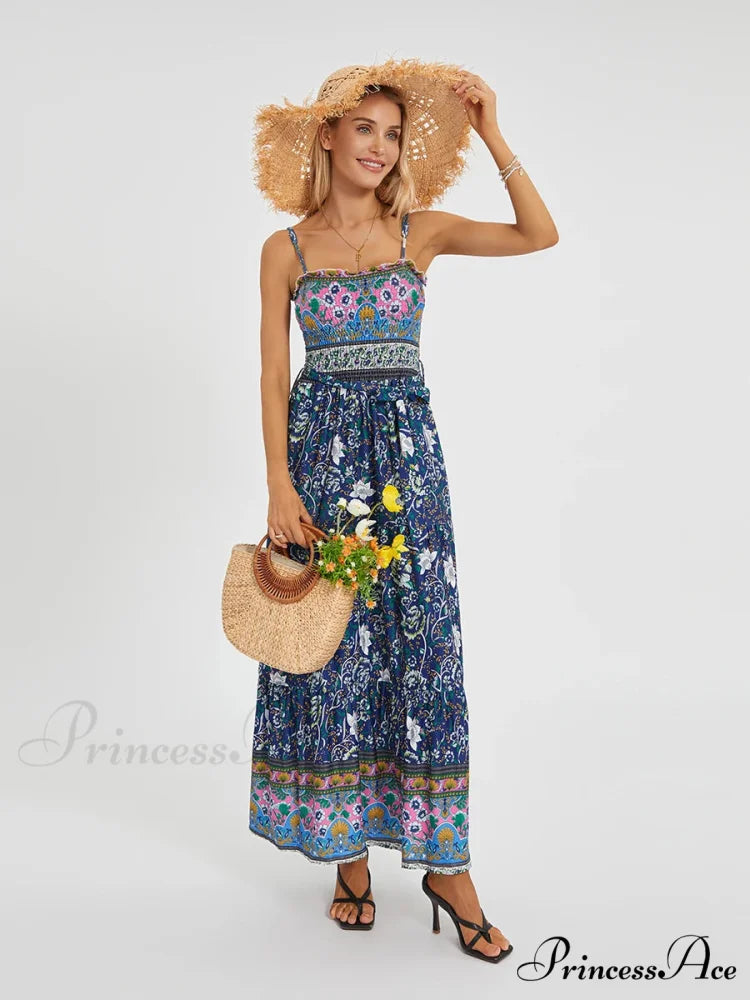 Vintage Retro Flower Swing Spaghetti Straps Cinched Long Flower Dress