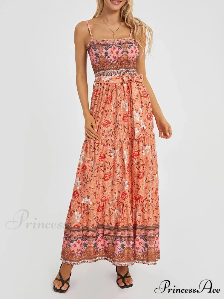 Vintage Retro Flower Swing Spaghetti Straps Cinched Long Flower Dress