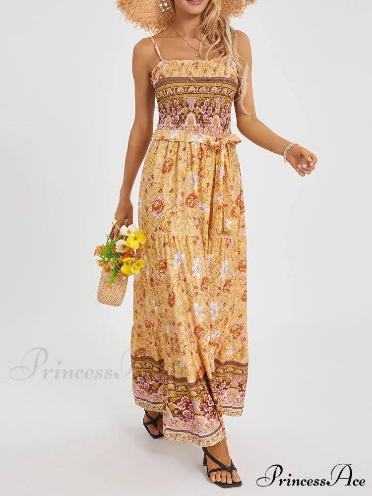 Vintage Retro Flower Swing Spaghetti Straps Cinched Long Flower Dress