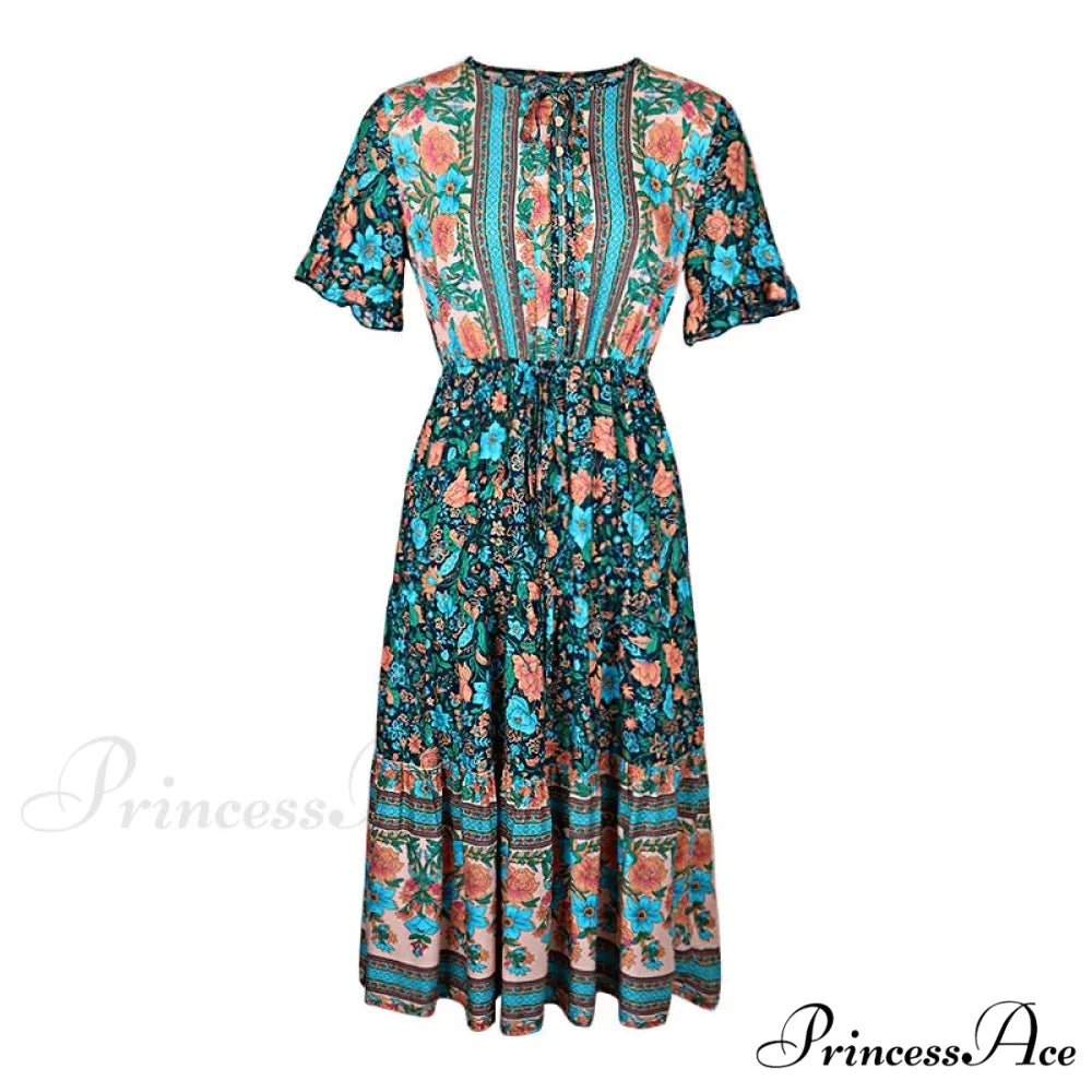 Vintage Round Neck A-Line Boho Dress