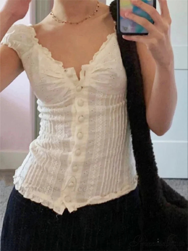 Vintage Square Neck Button Up Short Sleeve Top