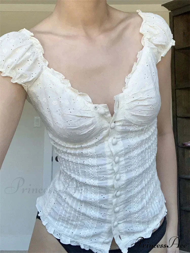 Vintage Square Neck Button Up Short Sleeve Top