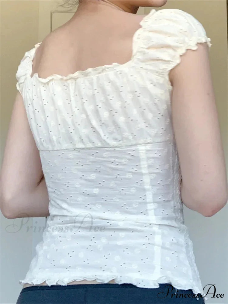 Vintage Square Neck Button Up Short Sleeve Top