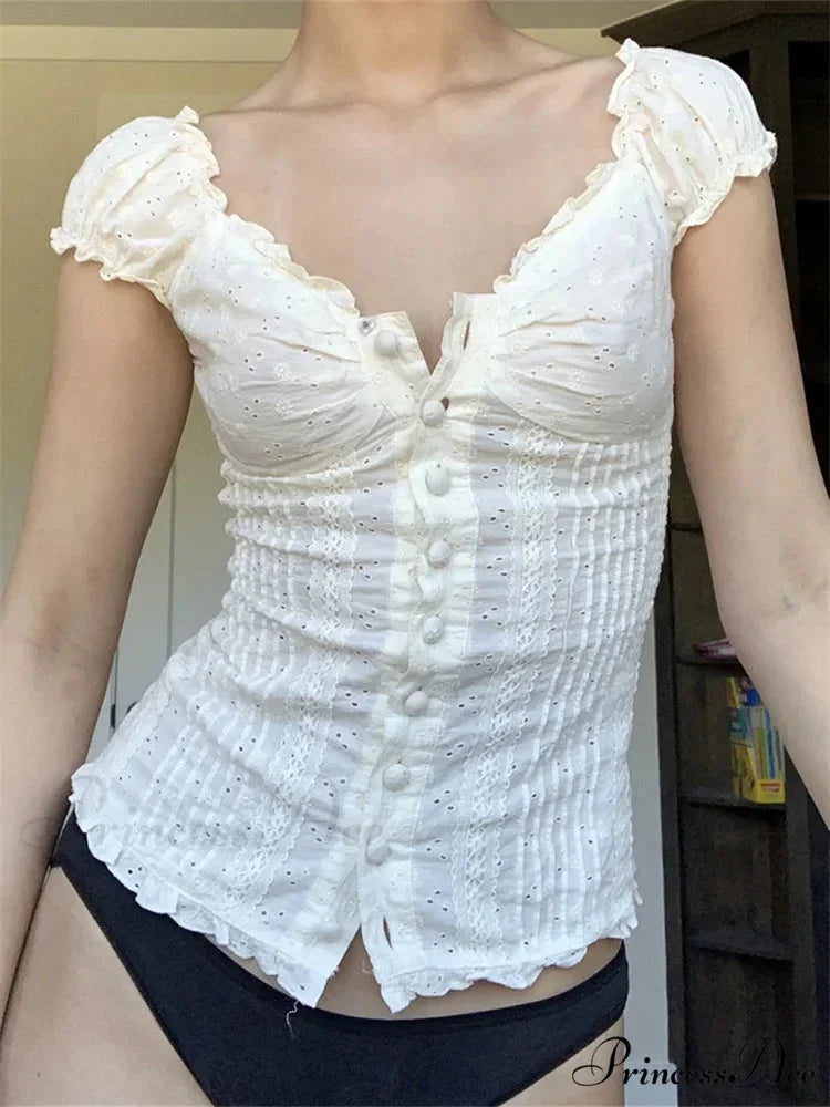 Vintage Square Neck Button Up Short Sleeve Top