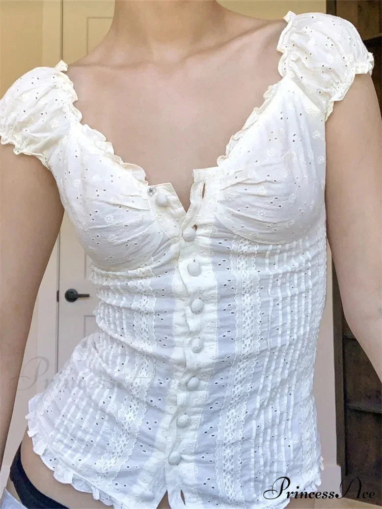 Vintage Square Neck Button Up Short Sleeve Top