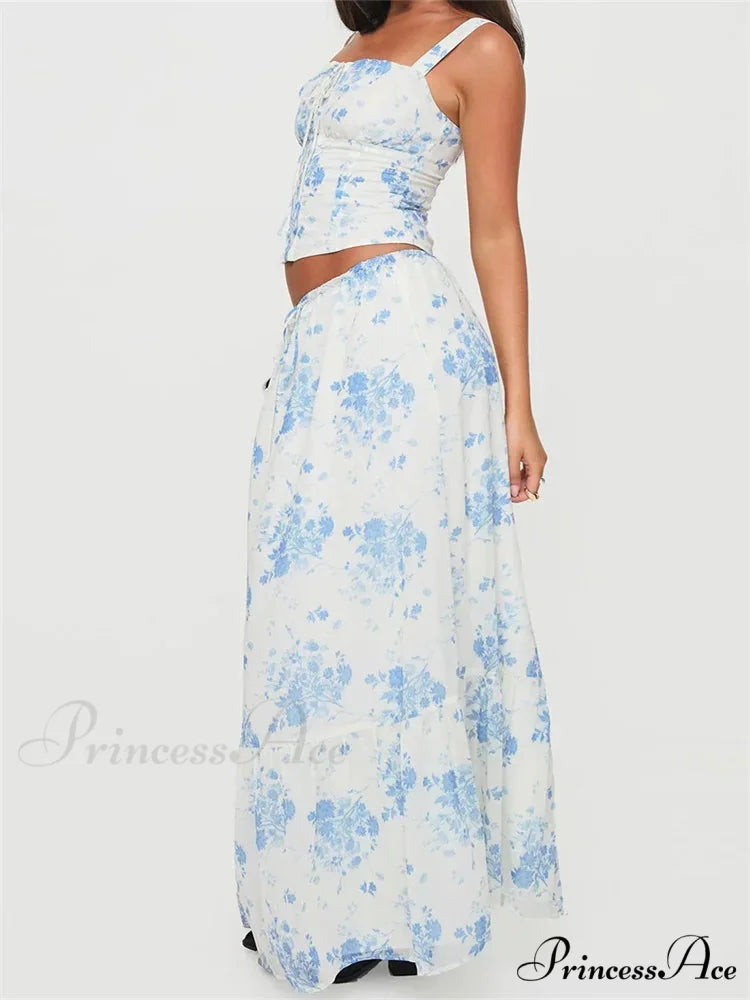 Vintage Square Neck Button Up Tank Top Floral Print Maxi Skirt