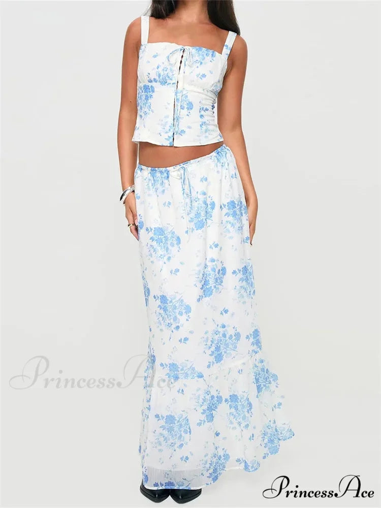 Vintage Square Neck Button Up Tank Top Floral Print Maxi Skirt