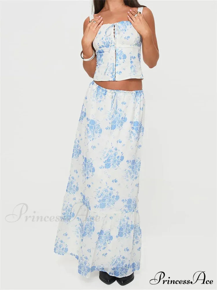 Vintage Square Neck Button Up Tank Top Floral Print Maxi Skirt
