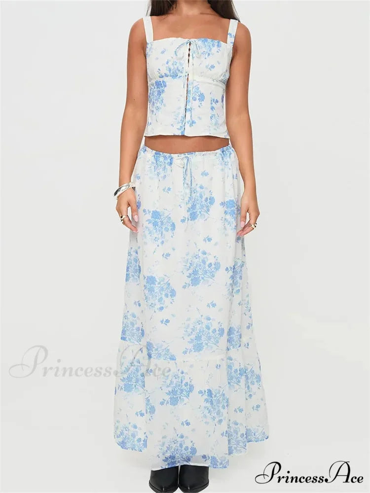 Vintage Square Neck Button Up Tank Top Floral Print Maxi Skirt