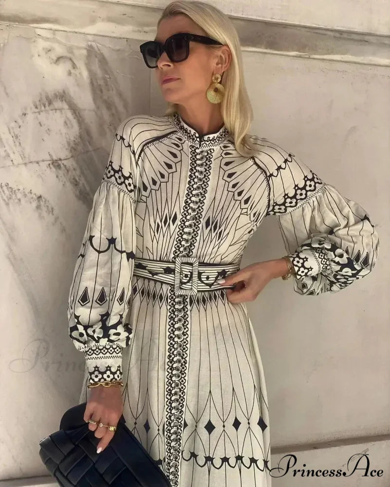 Vintage Stand Collar Cinched Bohemian Dress