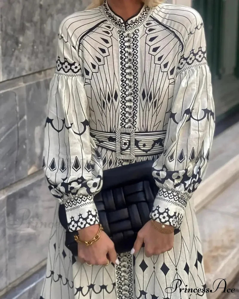 Vintage Stand Collar Cinched Bohemian Dress