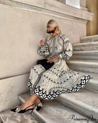 Vintage Stand Collar Cinched Bohemian Dress