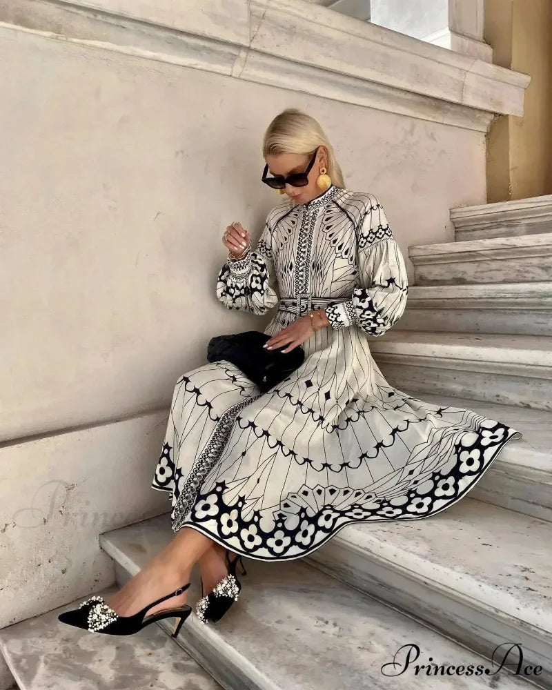 Vintage Stand Collar Cinched Bohemian Dress