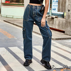 Vintage Streetwear High Waist Women American Fashion Blue Wide Leg Trouser Female Baggy Straight Denim Jean