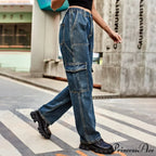 Vintage Streetwear High Waist Women American Fashion Blue Wide Leg Trouser Female Baggy Straight Denim Jean