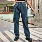 Vintage Streetwear High Waist Women American Fashion Blue Wide Leg Trouser Female Baggy Straight Denim Jean
