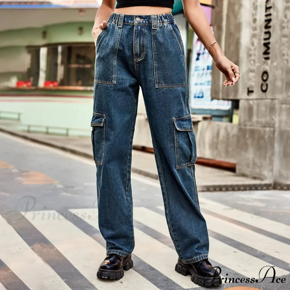 Vintage Streetwear High Waist Women American Fashion Blue Wide Leg Trouser Female Baggy Straight Denim Jean