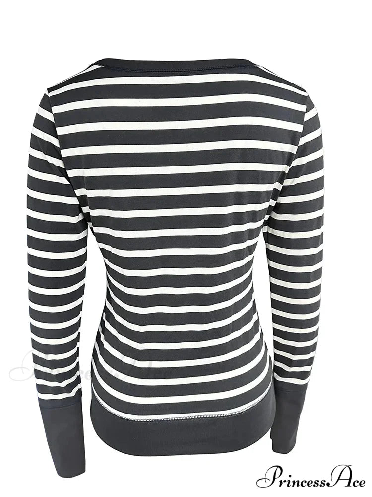 Vintage Striped Print Knitted Long Sleeve Slim Fit T-shirts