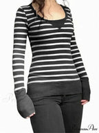 Vintage Striped Print Knitted Long Sleeve Slim Fit T-shirts