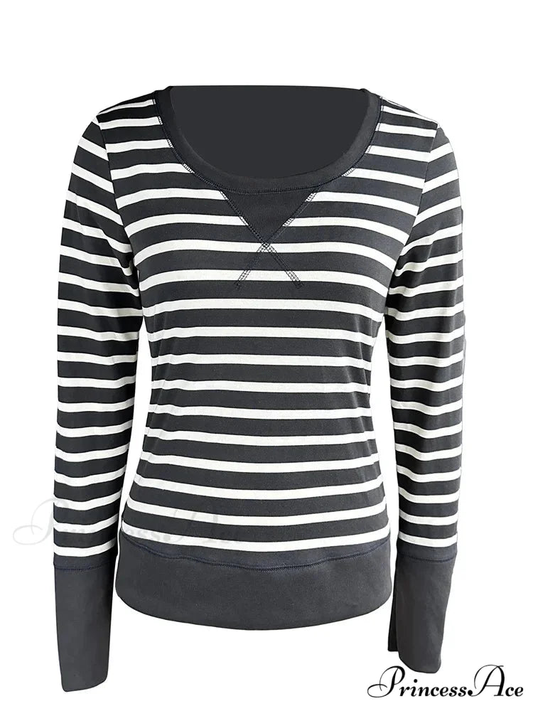 Vintage Striped Print Knitted Long Sleeve Slim Fit T-shirts