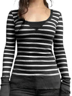 Vintage Striped Print Knitted Long Sleeve Slim Fit T-shirts