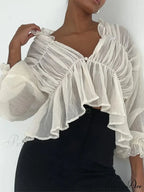 Vintage Transparent Mesh Lantern Sleeve Top