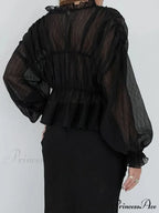 Vintage Transparent Mesh Lantern Sleeve Top