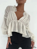 Vintage Transparent Mesh Lantern Sleeve Top