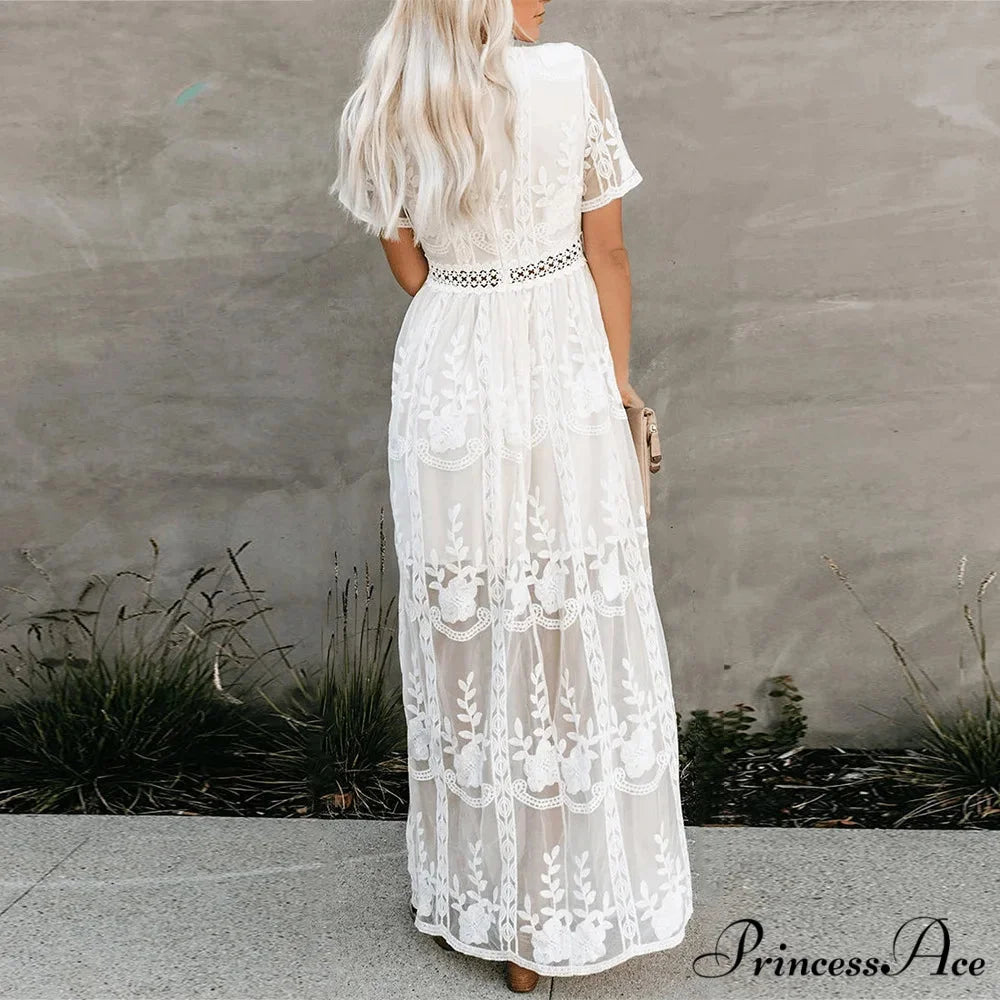 Vintage White Deep V-neck Summer Dress
