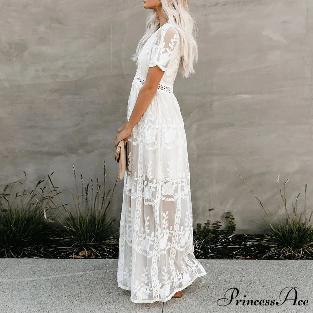 Vintage White Deep V-neck Summer Dress