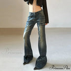 Vintage Woman Low Rise Rivet Stitching Distressed Y2K Flared 90s Streetwear Women Jean