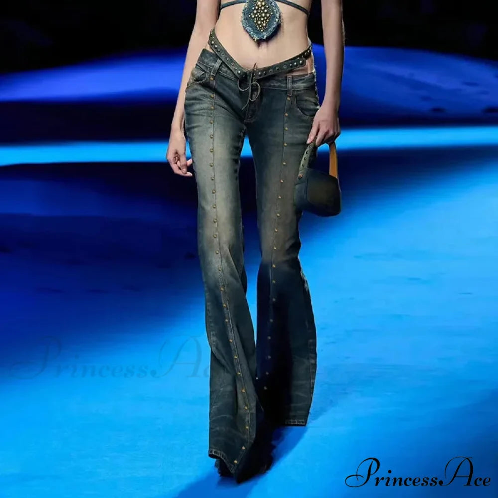 Vintage Woman Low Rise Rivet Stitching Distressed Y2K Flared 90s Streetwear Women Jean