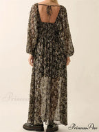 Vintage Women Bohemian Floral Print Summer Sleeve V Neck High Waist Chiffon Flowy Vestidos