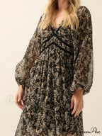 Vintage Women Bohemian Floral Print Summer Sleeve V Neck High Waist Chiffon Flowy Vestidos