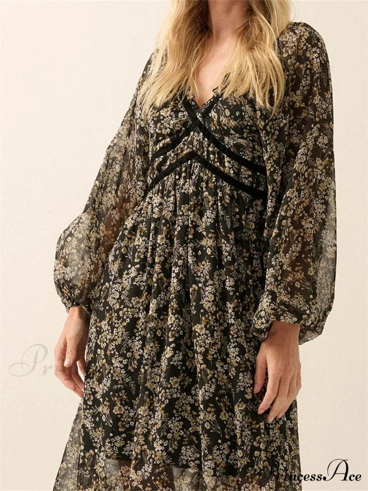 Vintage Women Bohemian Floral Print Summer Sleeve V Neck High Waist Chiffon Flowy Vestidos