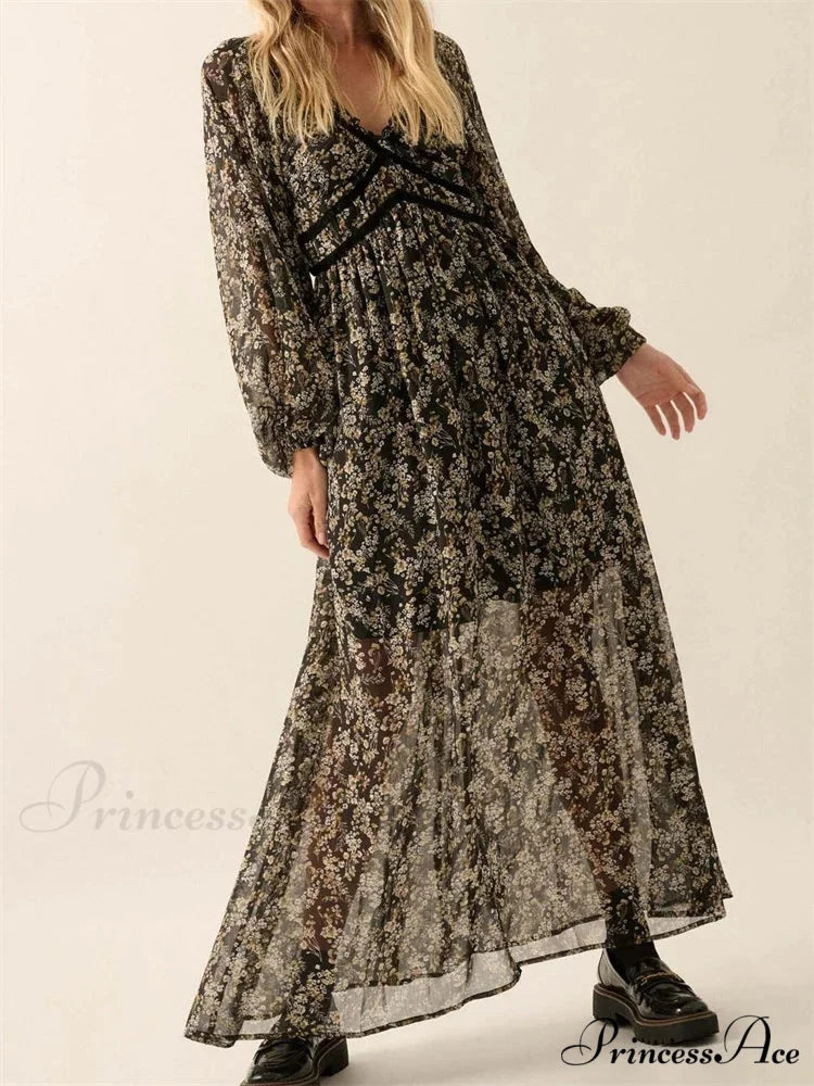 Vintage Women Bohemian Floral Print Summer Sleeve V Neck High Waist Chiffon Flowy Vestidos