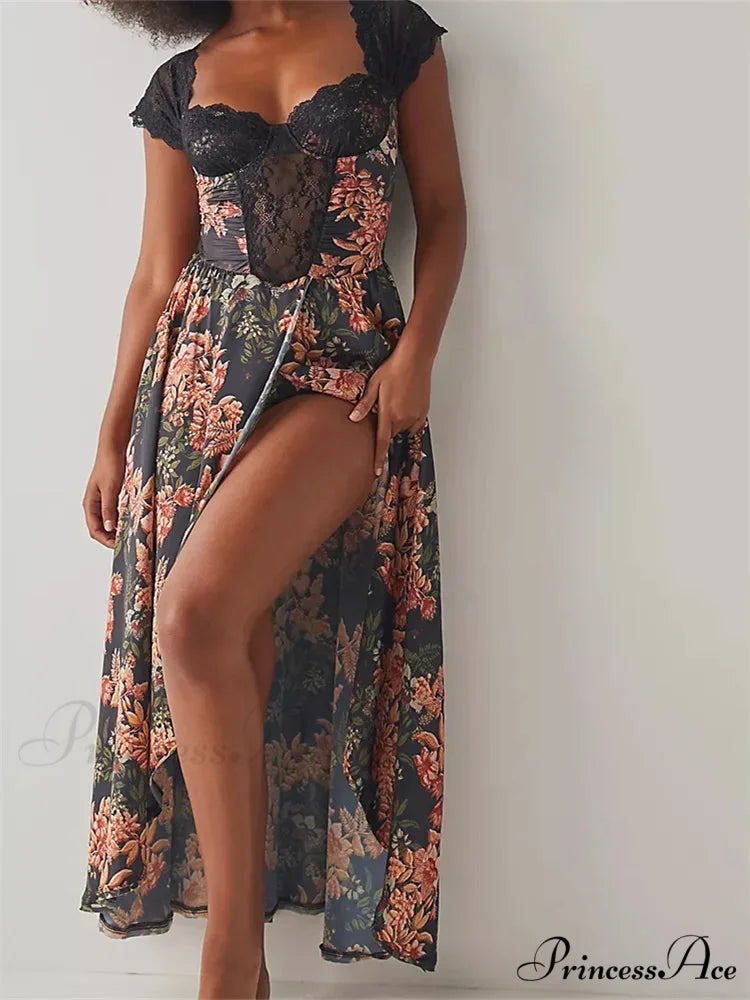 Vintage Women Lace Short Sleeve Casual Floral Print Backless Beach Party Split Summer Vestidos